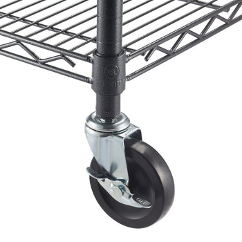 A close-up shows the black rubber wheel and silver metal hardware of a caster attached to a black metal wire shelving unit. The brake lever on the caster is in the 