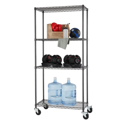 A four-tiered black anthracite wire shelving rack filled with dumbbells, water containers, and other sport items.