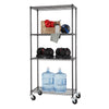 A four-tiered black anthracite wire shelving rack filled with dumbbells, water containers, and other sport items.