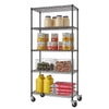 A tall, five-tiered black anthracite wire shelving rack filled with huge jugs, cans, sacks or flours, and other baking ingredients.