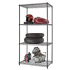 A black wire shelving unit with four tiers stands against a white background. The shelves hold various automotive or motorcycle parts, including a helmet, fuel tank, tires, an engine block, and bottles of lubricant.