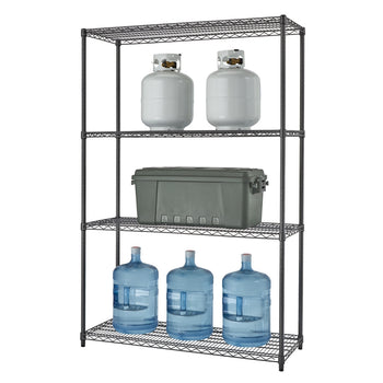 A four-tier black anthracite wire shelving rack filled with two small gas tanks, tote container, three water jugs.