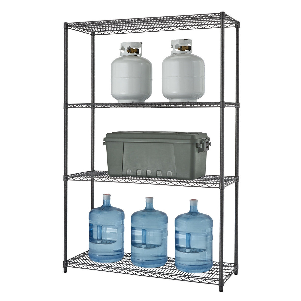 A four-tier black anthracite wire shelving rack filled with two small gas tanks, tote container, three water jugs.