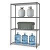 A four-tier black anthracite wire shelving rack filled with two small gas tanks, tote container, three water jugs.