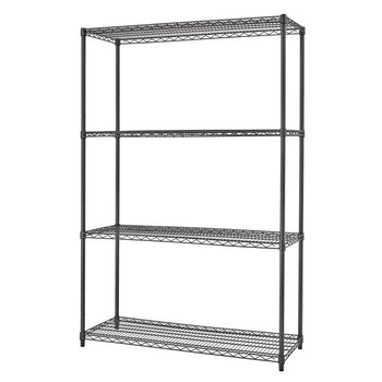 A black, four-tier wire shelving unit. The shelving unit has a simple design with evenly spaced shelves and a sturdy frame.