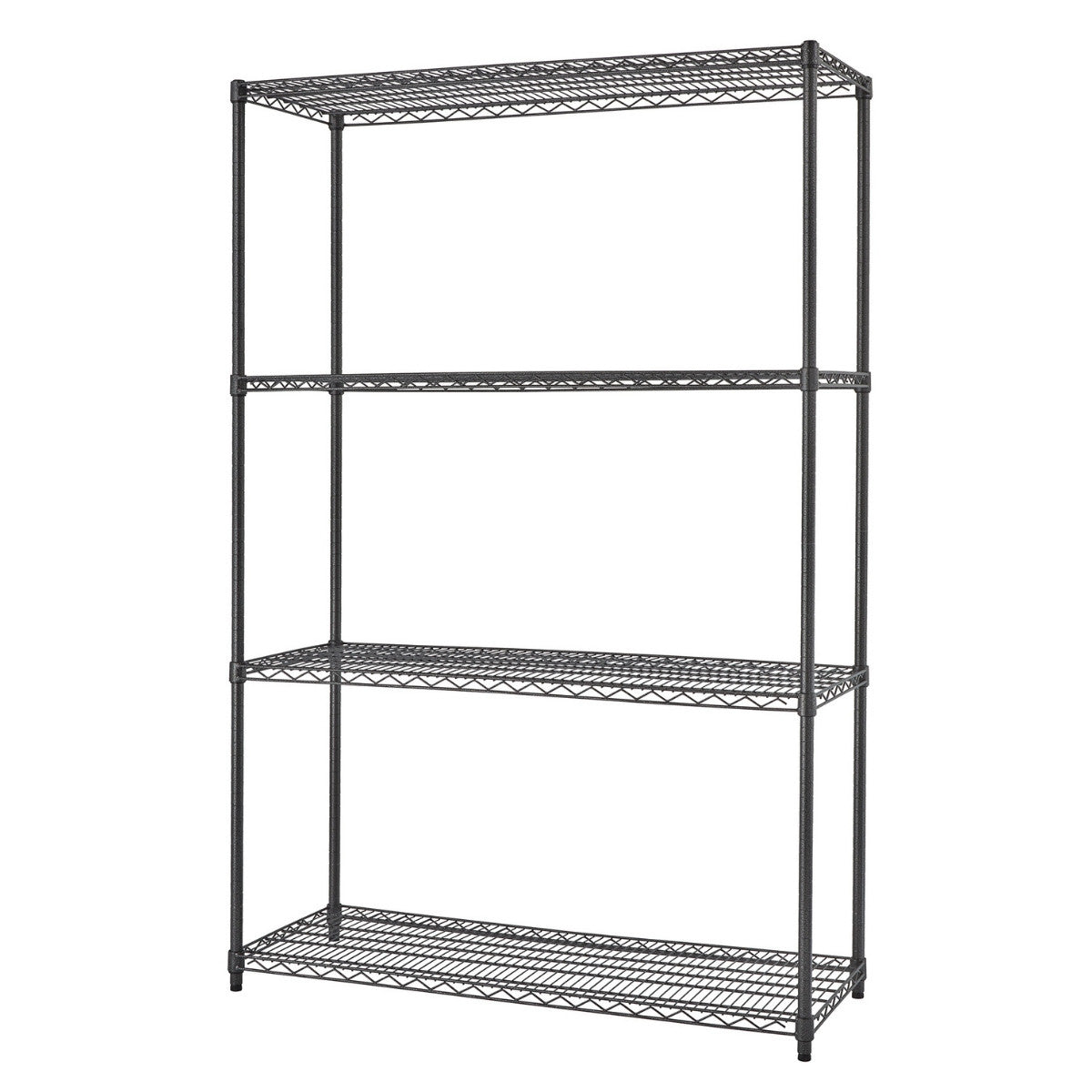 A black, four-tier wire shelving unit. The shelving unit has a simple design with evenly spaced shelves and a sturdy frame.