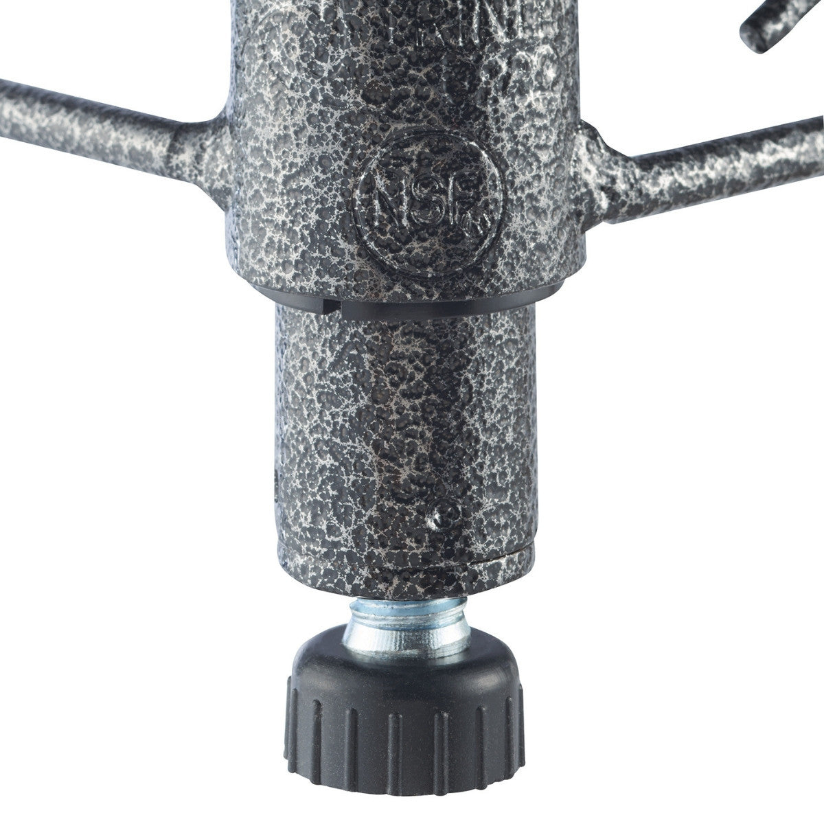 Close-up view of the textured, metallic gray base of a product, possibly a stand or support structure. A black, ridged, adjustable foot leveler is visible at the bottom.