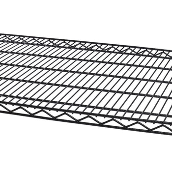 A close-up shows a 48 inch wide by 18 inch deep black anthracite shelf section against a white background. The shelf is made of parallel horizontal wires intersected by diagonal wires, with a wavy wire along the visible edge for support.