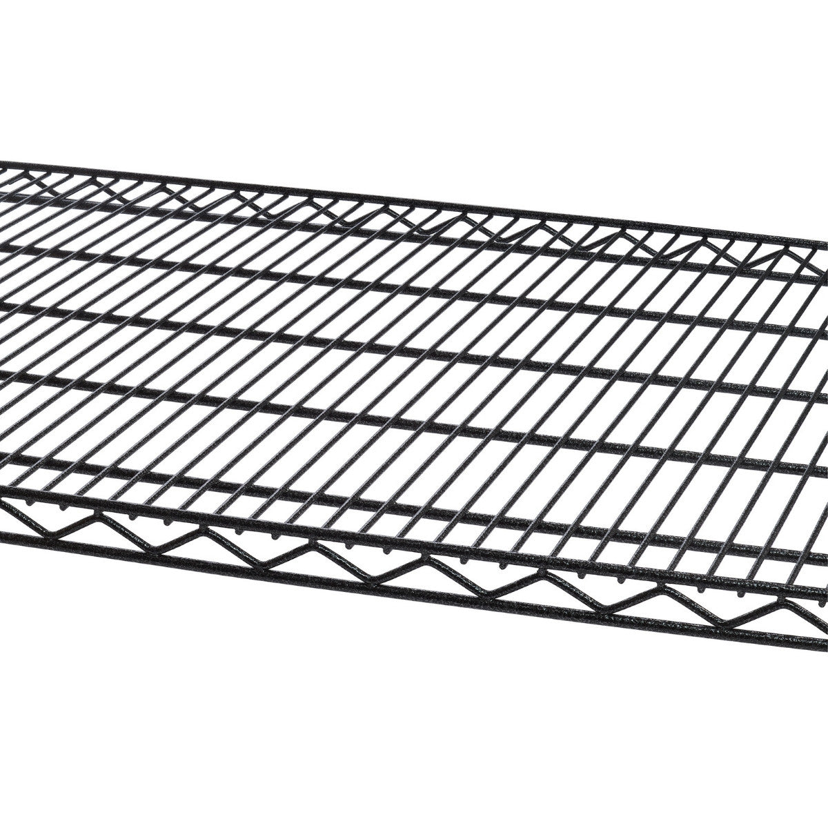 A close-up shows a 48 inch wide by 18 inch deep black anthracite shelf section against a white background. The shelf is made of parallel horizontal wires intersected by diagonal wires, with a wavy wire along the visible edge for support.
