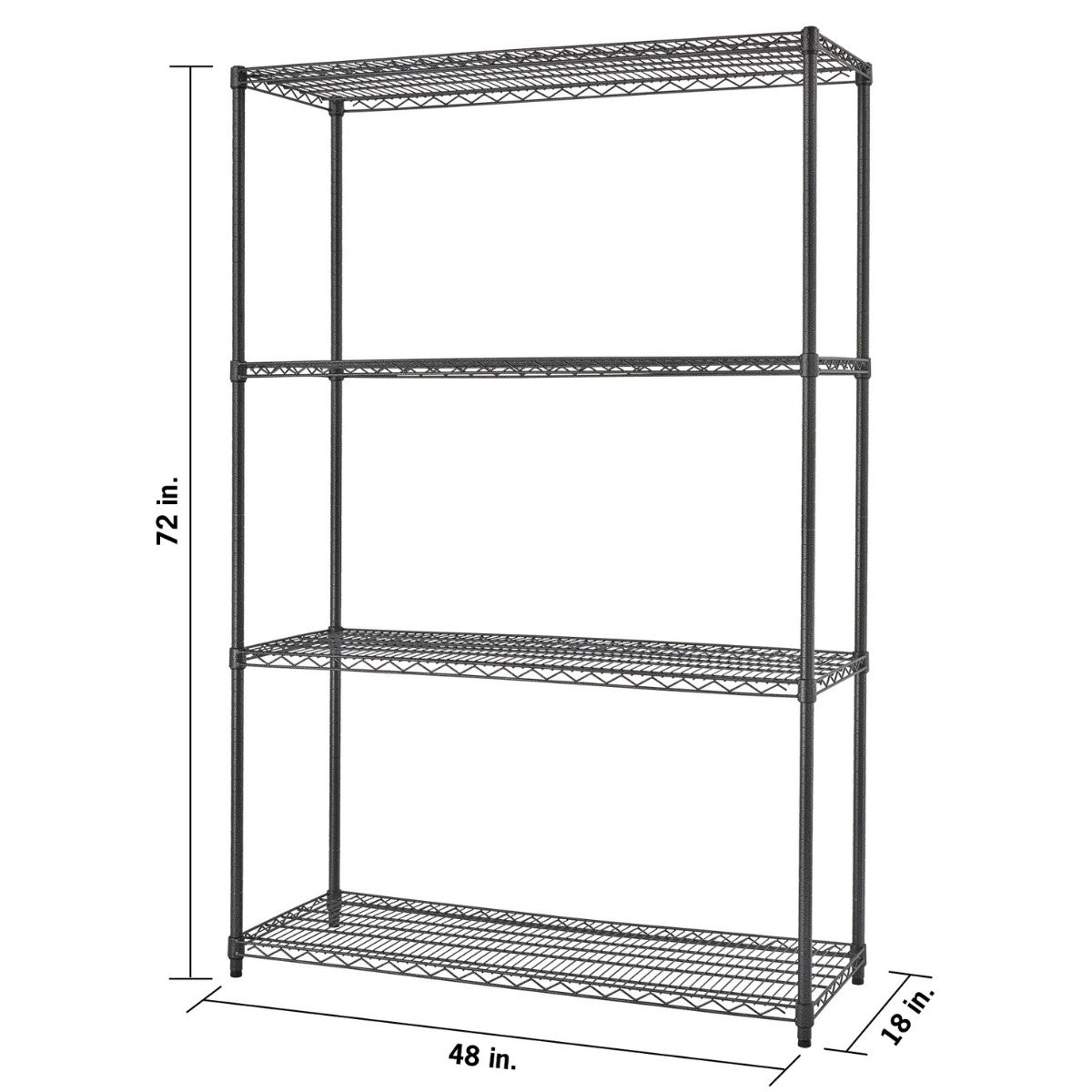 A black, four-tier wire shelving unit. The shelving unit has dimensions labeled as 72 inches tall, 48 inches wide, and 18 inches deep.