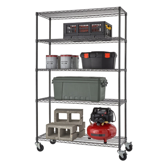 A black, five-tiered rolling steel wire garage storage shelving unit. The shelves hold various items, including storage containers, paint cans, a toolbox, cinder blocks, and a small air compressor.