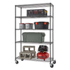 A black, five-tiered rolling steel wire garage storage shelving unit. The shelves hold various items, including storage containers, paint cans, a toolbox, cinder blocks, and a small air compressor.