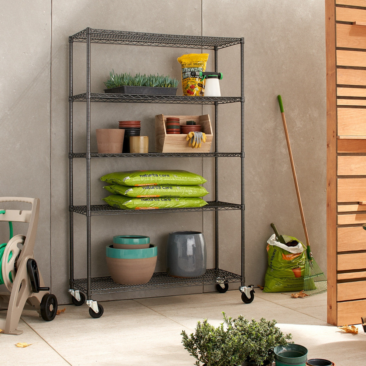 TRINITY PRO 5-Tier 48x18x72 Wire Shelving w/ Wheels, Black