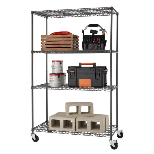 A four-tier deep black anthracite wire shelving rack filled with garage and workshop items like toolboxes, paint cans, cinder blocks, etc.