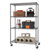 A four-tier deep black anthracite wire shelving rack filled with garage and workshop items like toolboxes, paint cans, cinder blocks, etc.