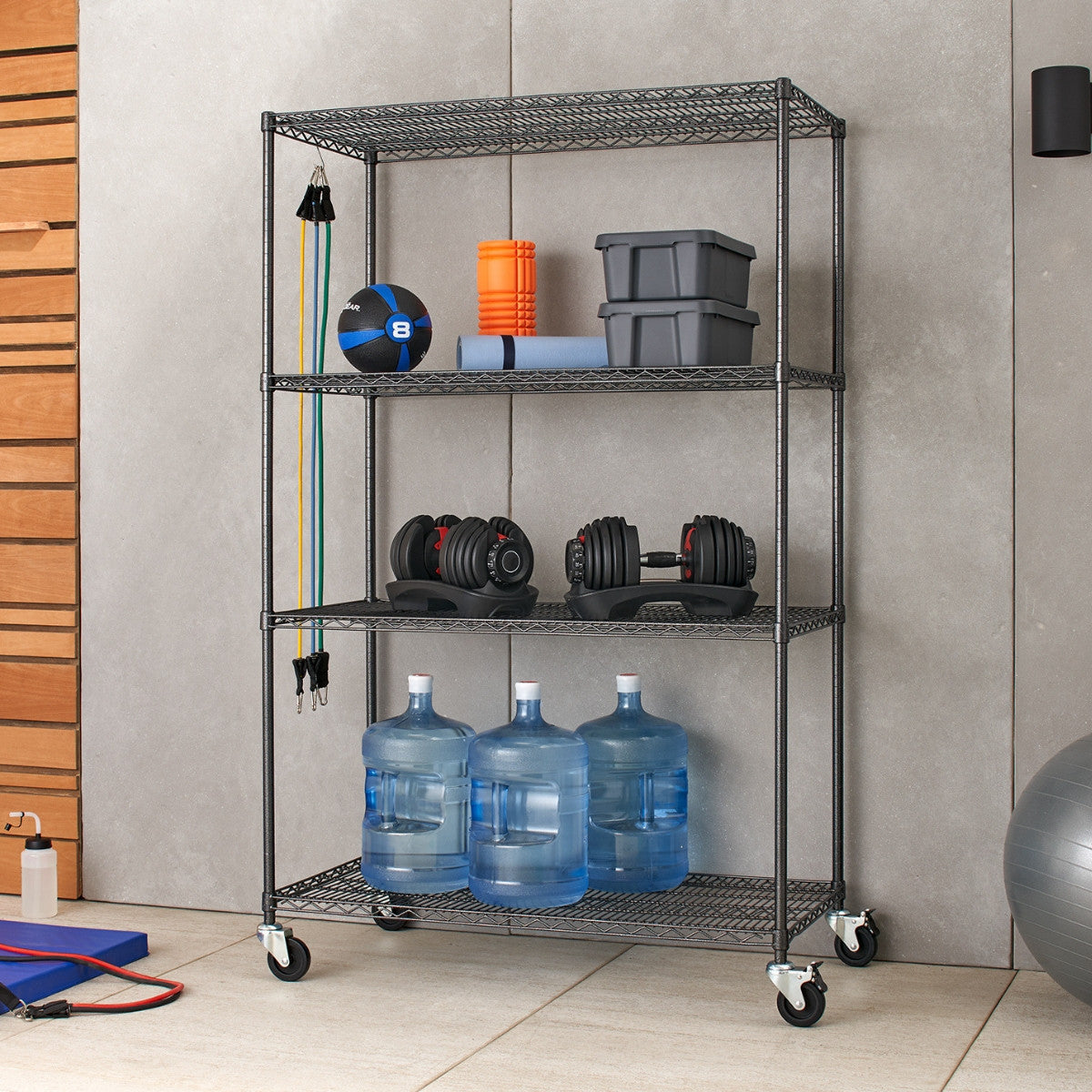 TRINITY PRO 4-Tier 48x24x72 Wire Shelving w/ Wheels, Black