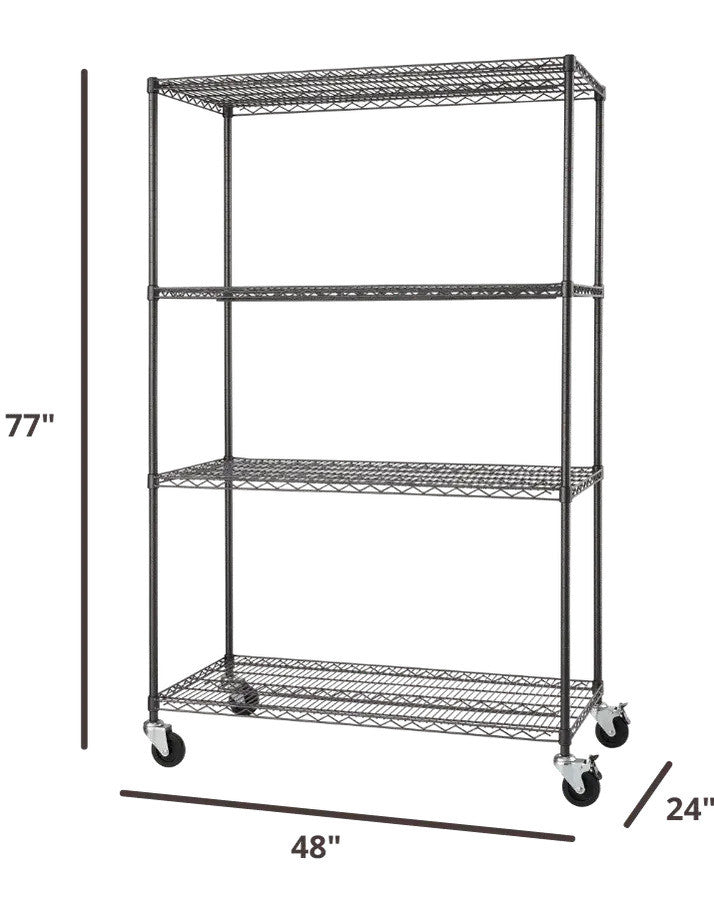 TRINITY PRO 4-Tier 48x24x72 Wire Shelving w/ Wheels, Black