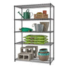 A black anthracite textured wire shelving unit with five tiers stands against a white background. The shelves hold gardening items like water can, clay pots, hoses, pail, soil sacks, and cinder blocks.