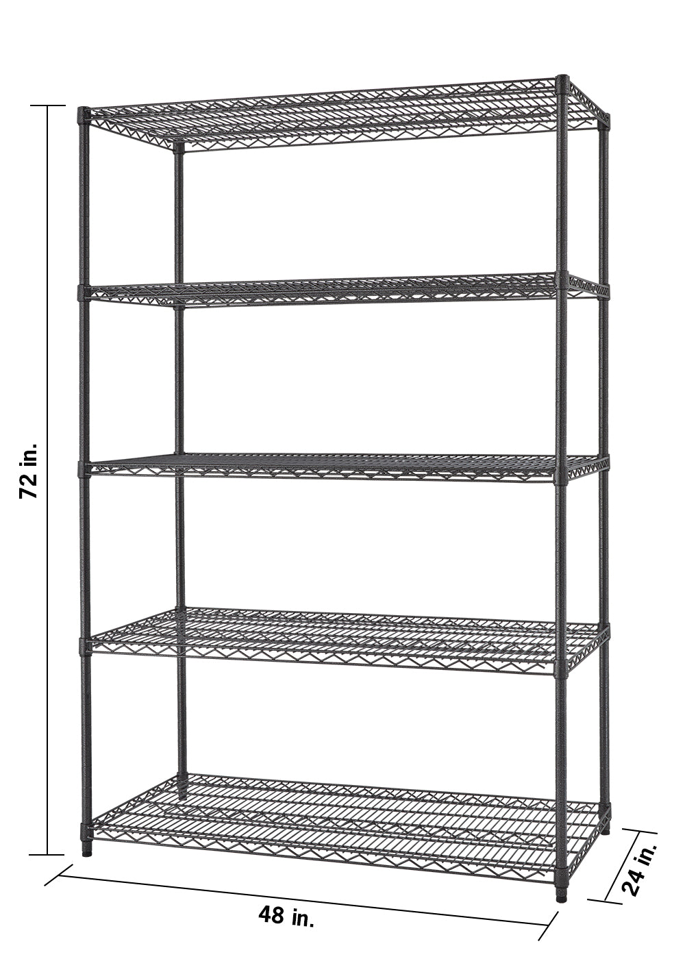 A five-shelf wire shelving unit is shown from a slightly elevated angle against a white background. The unit is charcoal gray, and its dimensions are labeled: 72 inches tall, 48 inches wide, and 24 inches deep.