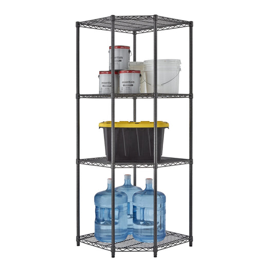 A four-tier black wire corner shelf unit is shown against a white background. The shelves hold various items including paint cans, buckets, a black and yellow storage tote, and three large bottles of water.