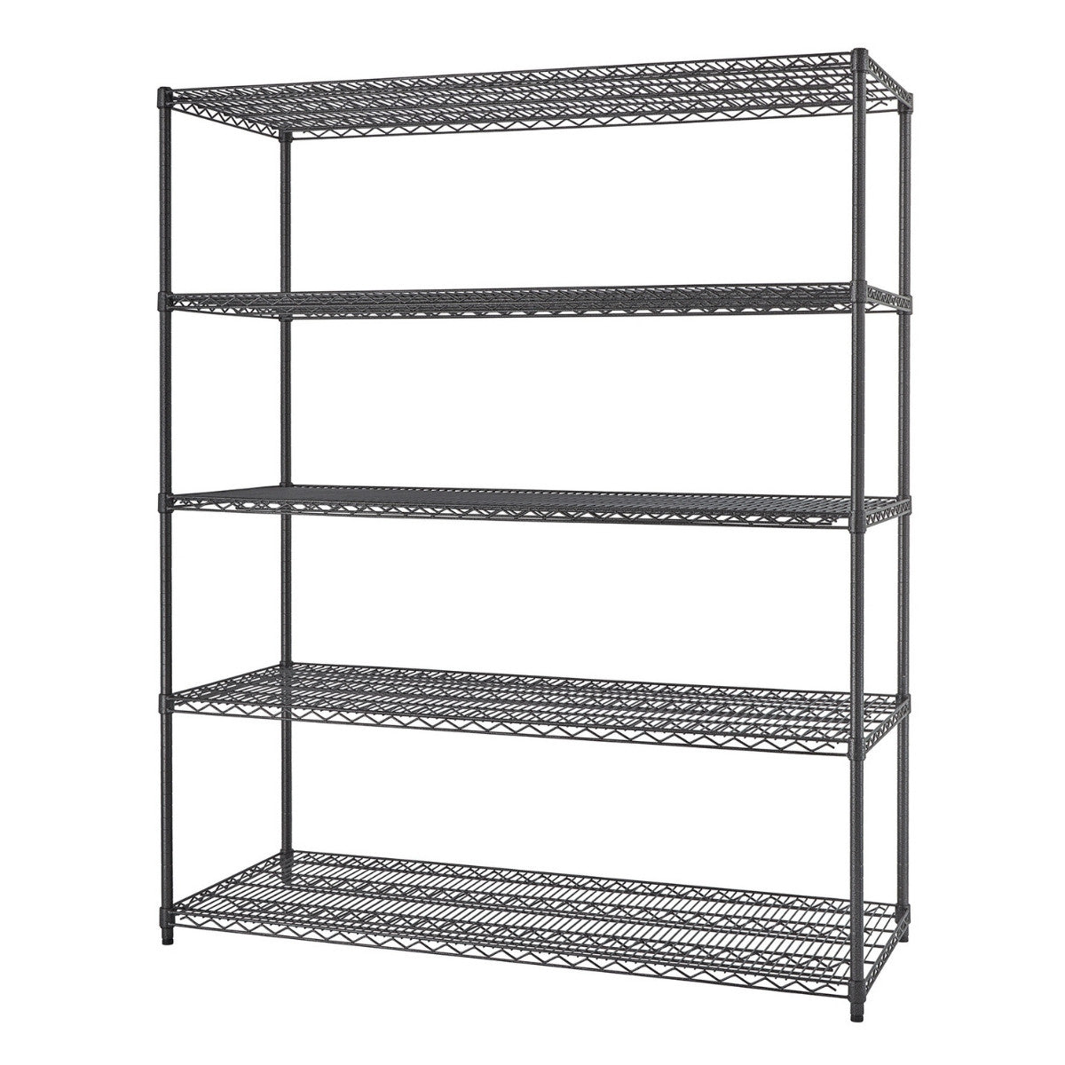 A tall, black wire shelving unit with five tiers stands against a white background. The shelving unit has four vertical poles supporting the equally spaced horizontal wire shelves.