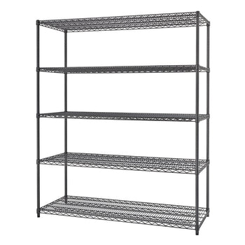 A tall, black wire shelving unit with five tiers stands against a white background. The shelving unit has four vertical poles supporting the equally spaced horizontal wire shelves.