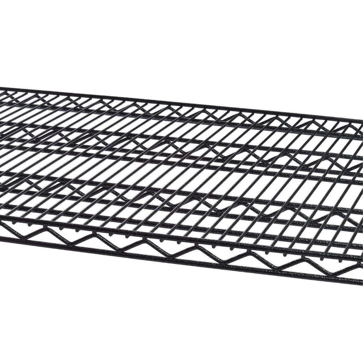 A close-up view of a black, wire shelving unit, possibly a Husky or Trinity Pro model. The shelving features a five-tier design with a focus on the wire grid pattern of the shelves.
