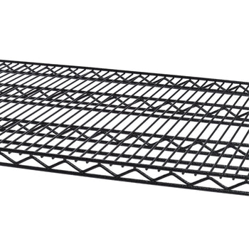 A close-up view of a black, wire shelving unit, possibly a Husky or Trinity Pro model. The shelving features a five-tier design with a focus on the wire grid pattern of the shelves.