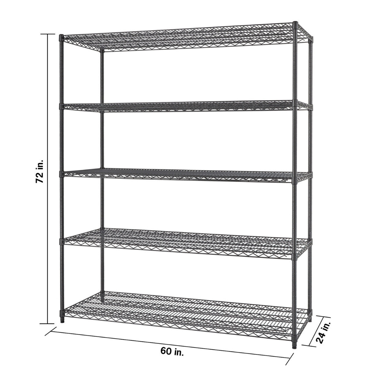 A five-tier wire shelving unit stands against a white background, with labels indicating its dimensions: 72 inches tall, 60 inches wide, and 24 inches deep. The dark gray, open wire design allows for visibility and ventilation between the shelves.