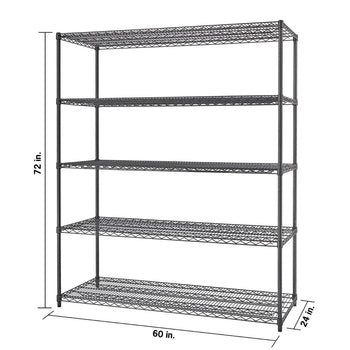 A five-tier wire shelving unit stands against a white background, with labels indicating its dimensions: 72 inches tall, 60 inches wide, and 24 inches deep. The dark gray, open wire design allows for visibility and ventilation between the shelves.