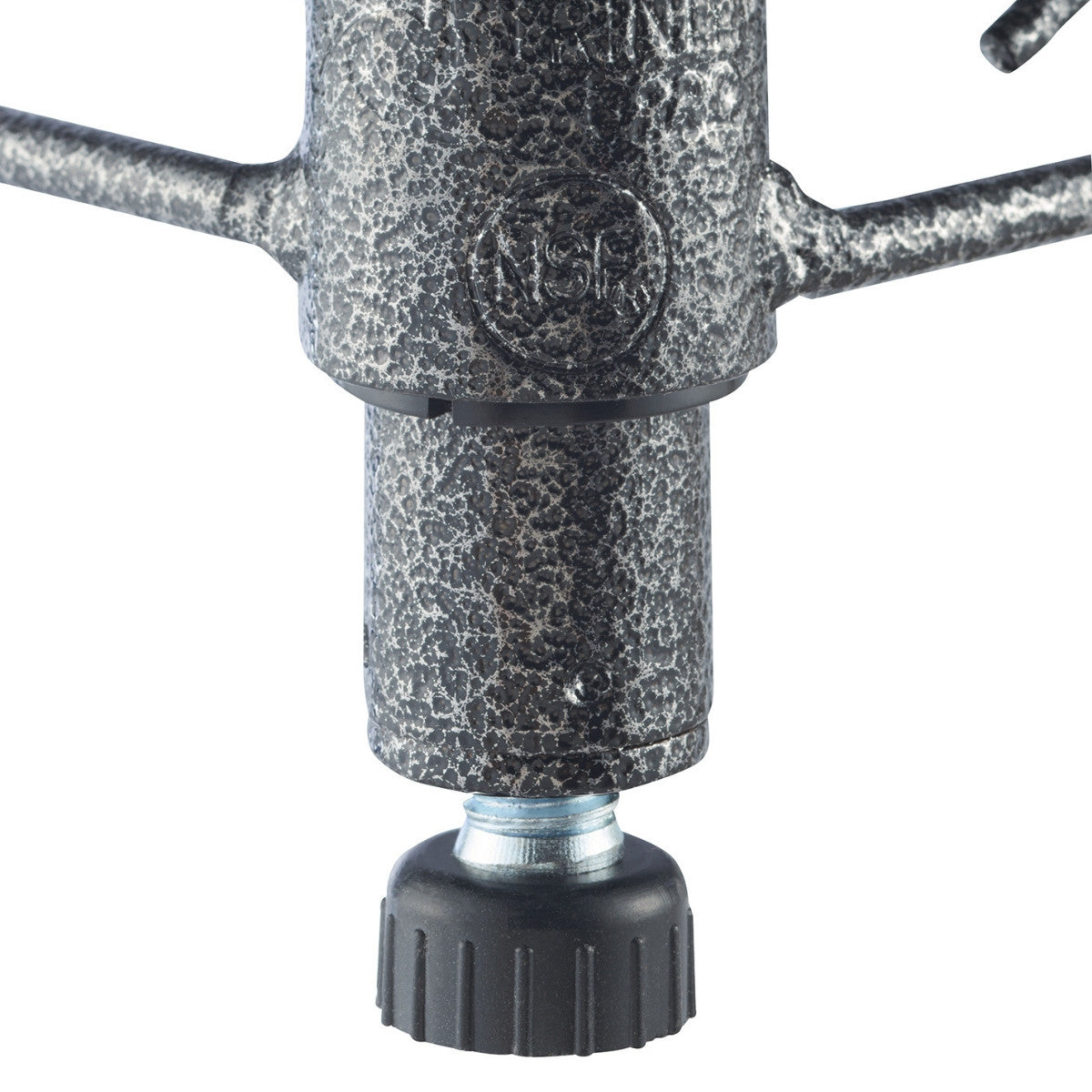 A close-up shot focuses on the textured, metallic base of an object, possibly a stand or support structure. A black, ridged, adjustable foot is visible at the bottom, suggesting stability on uneven surfaces.