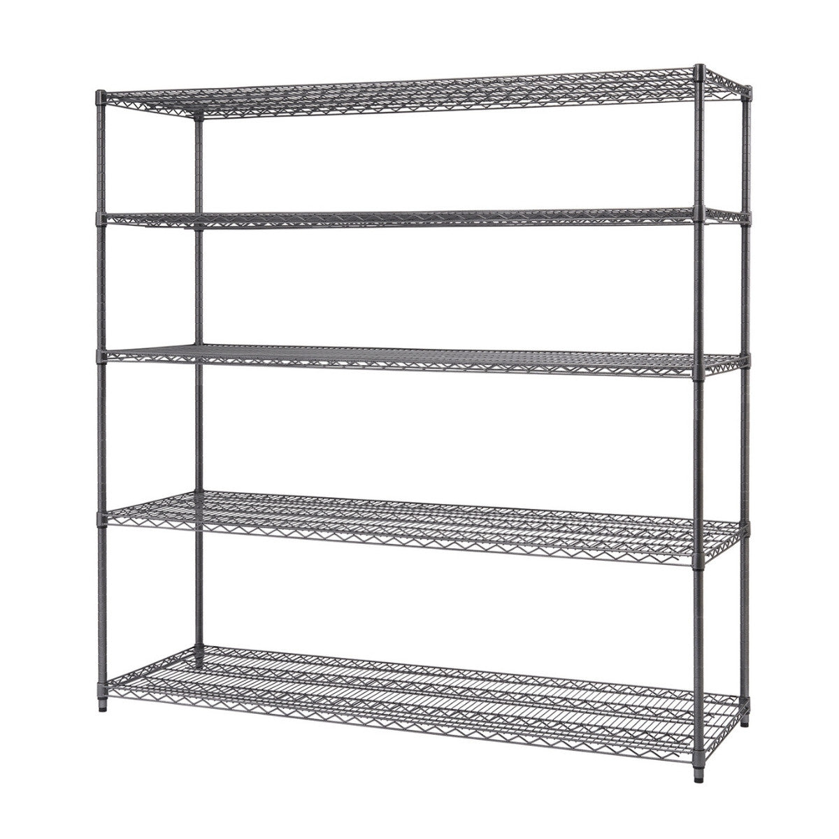 A five-tier wire shelving unit stands against a white background. The shelves are made of a grid of thin metal wires, supported by vertical metal poles at each corner.