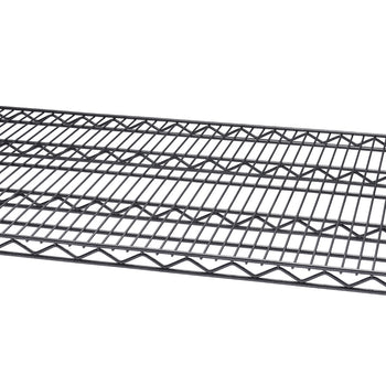 A close-up shows a section of a black wire shelf, highlighting the parallel horizontal wires supported by a grid of angled wires beneath. The sturdy construction suggests a durable storage solution.