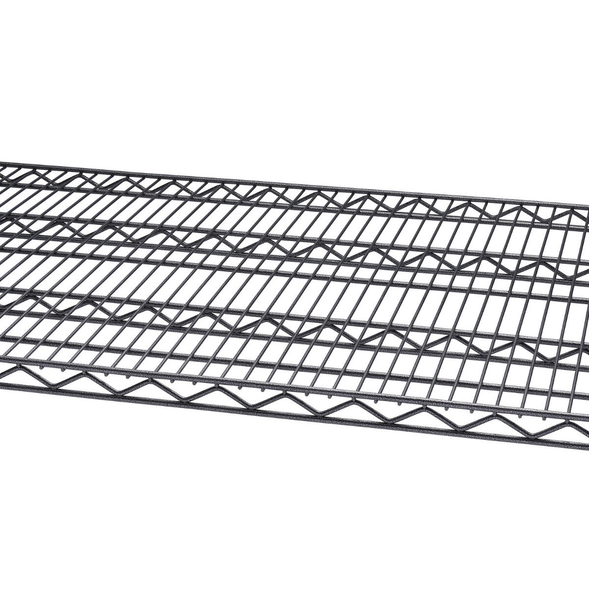 A close-up shows a section of a black wire shelf, highlighting the parallel horizontal wires supported by a grid of angled wires beneath. The sturdy construction suggests a durable storage solution.