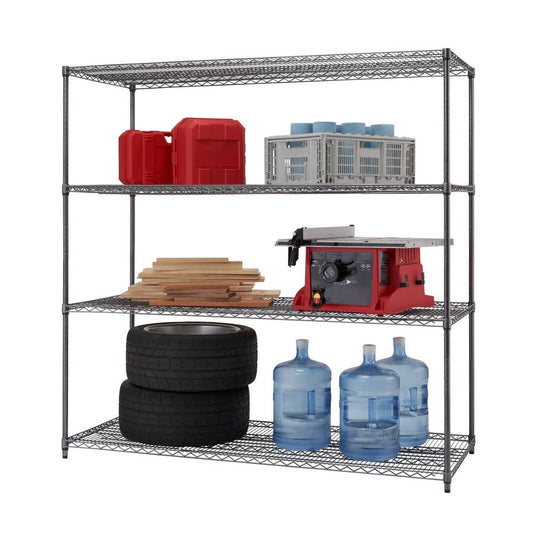 A four-tier wire shelving unit filled with various storage items. The shelves hold red storage bins, a gray crate with blue containers, stacks of lumber, a red table saw, tires, and large water bottles.