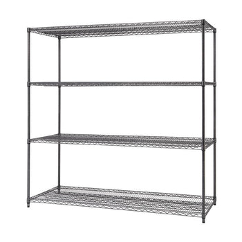 A freestanding four-tier wire shelving unit with a black finish is shown against a white background. The shelving unit has four horizontal wire shelves supported by vertical poles at each corner.