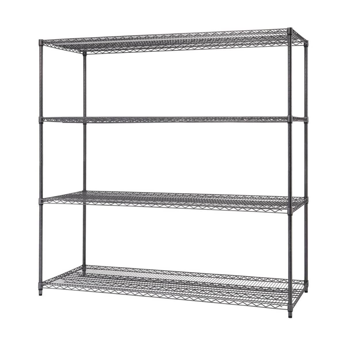 A freestanding four-tier wire shelving unit with a black finish is shown against a white background. The shelving unit has four horizontal wire shelves supported by vertical poles at each corner.