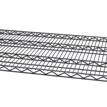 A close-up shows a section of a black wire shelving unit. The grid pattern of the shelf is visible, highlighting its construction.