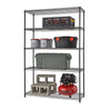 A tall, five-tier black wire shelving unit is shown against a white background. Various items are stored on the shelves, including a black folding crate, three silver paint cans, a black toolbox with orange latches, a large olive green storage container, two gray cinder blocks, and a red and black air compressor.