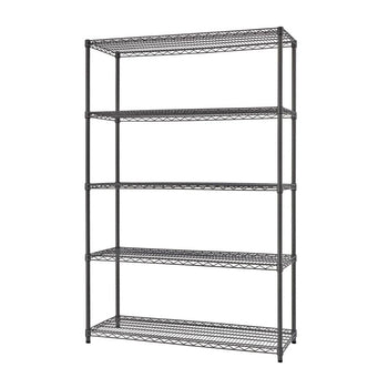 A tall, five-tier wire shelving unit stands against a white background. The shelves are made of a black wire mesh, supported by vertical poles at each corner.