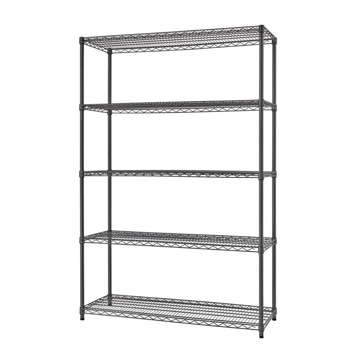 A tall, five-tier wire shelving unit stands against a white background. The shelves are made of a black wire mesh, supported by vertical poles at each corner.