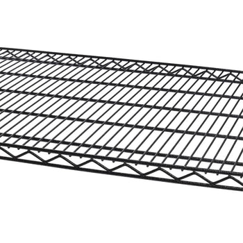 A close-up of a 48 inch by 18 inch black wire shelving of a multi-tiered storage unit. The grid pattern of the metal wires creates a textured surface.