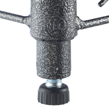A close-up shot focuses on the textured, dark metallic leg and adjustable black leveling foot of a shelving unit. The leg shows a circular emblem with the letters 