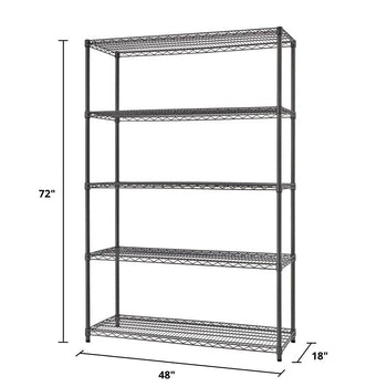 A tall, five-tier wire shelving unit with black supports and shelves is shown against a white background. Dimensions indicating the unit is 72 inches tall, 48 inches wide, and 18 inches deep are included.