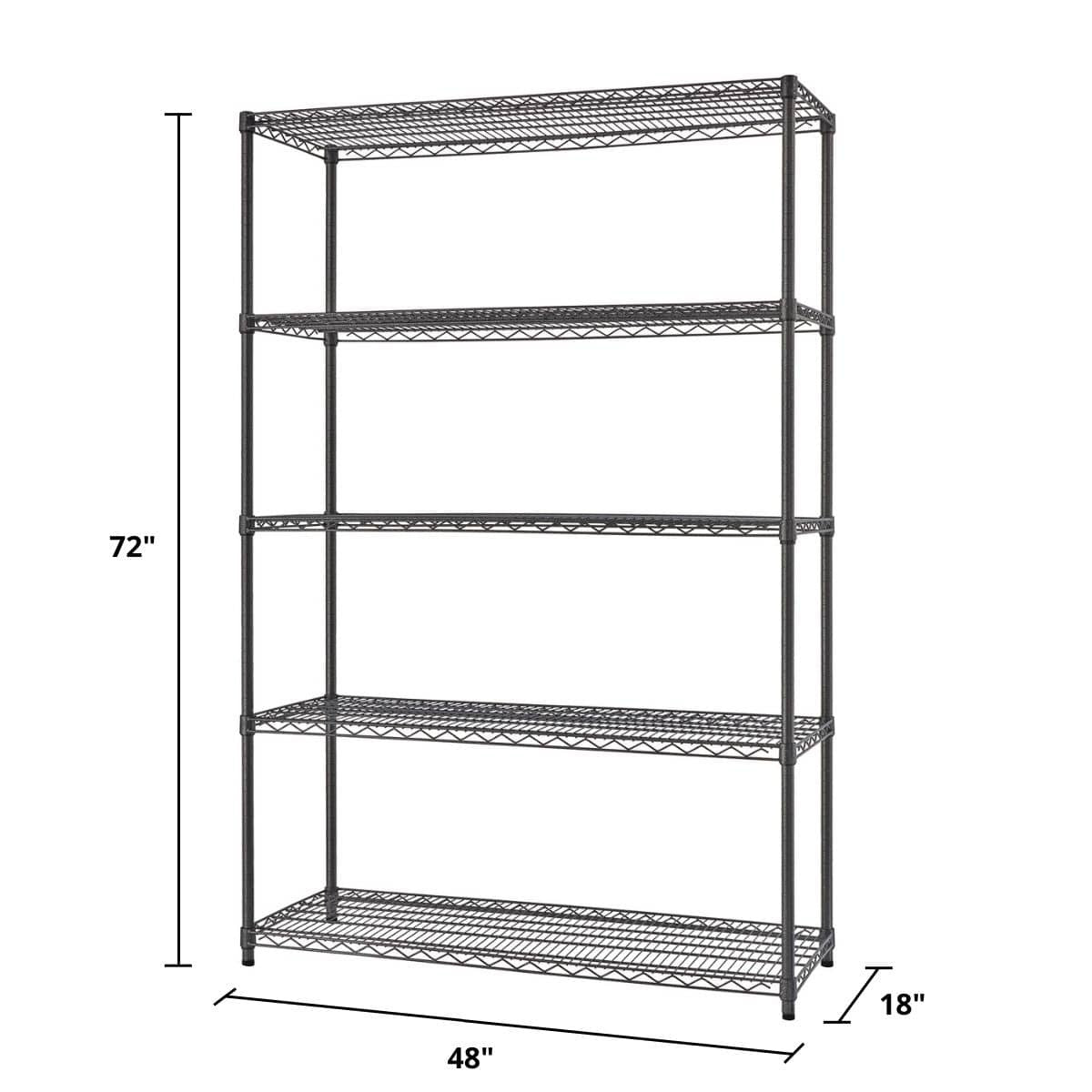 A tall, five-tier wire shelving unit with black supports and shelves is shown against a white background. Dimensions indicating the unit is 72 inches tall, 48 inches wide, and 18 inches deep are included.