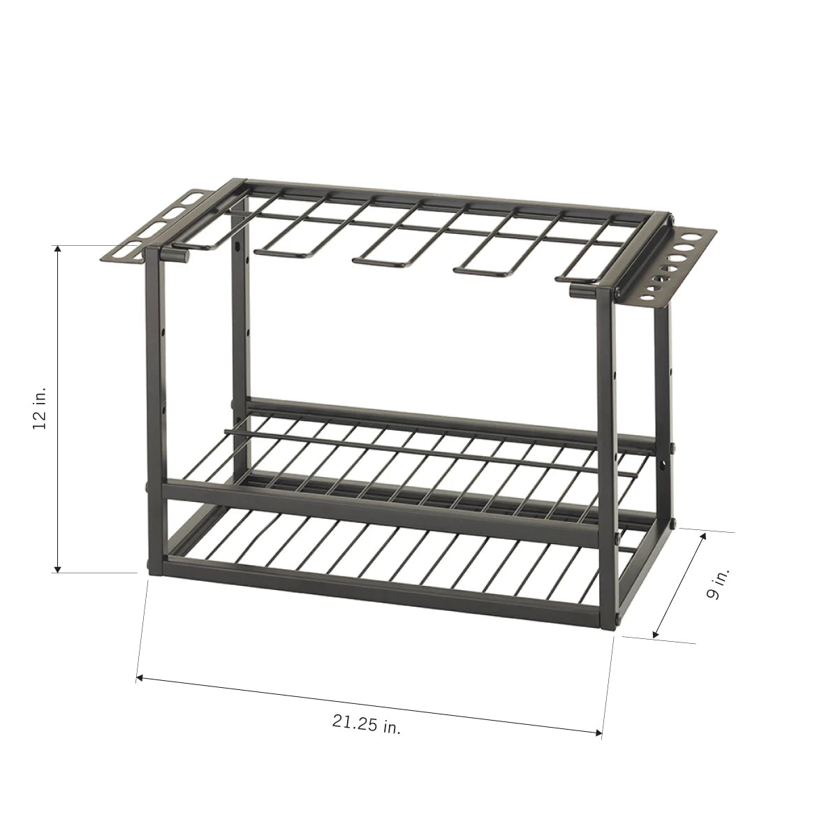 A matte black, two-tier metal rack with a grid pattern on both shelves and a hanging rack on top. The rack has a width of 21.25 inches, a height of 12 inches, and a depth of 9 inches