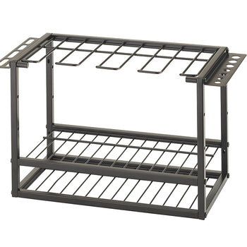 A close-up shot of a black metal tool organizer against a white background. It has two tiers: a bottom shelf with a grid pattern and an upper rack for hanging tools, along with side compartments for screwdrivers and other small implements.