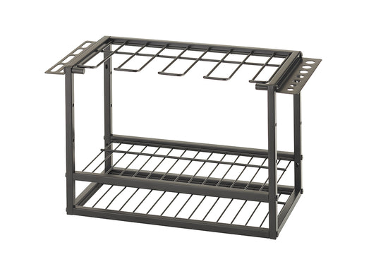 A close-up shot of a black metal tool organizer against a white background. It has two tiers: a bottom shelf with a grid pattern and an upper rack for hanging tools, along with side compartments for screwdrivers and other small implements.