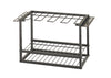 A close-up shot of a black metal tool organizer against a white background. It has two tiers: a bottom shelf with a grid pattern and an upper rack for hanging tools, along with side compartments for screwdrivers and other small implements.