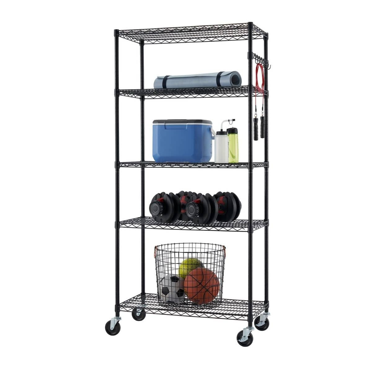 A black, five-tier wire shelving unit on wheels is shown against a white background. The shelves hold various fitness-related items, including a yoga mat, cooler, water bottles, dumbbells, and a basket of sports balls.
